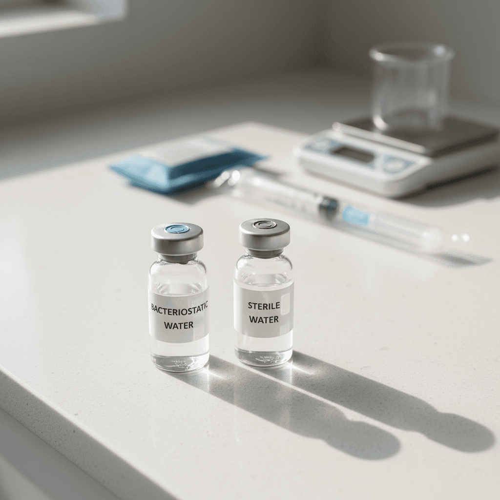 Bacteriostatic water vial and sterile water vial side by side on a countertop