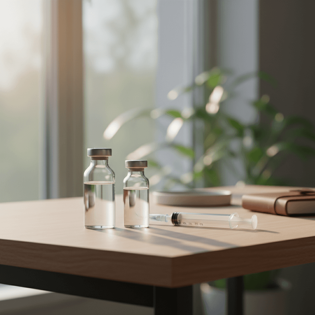 Two peptide vials and a syringe on a clean desk near a window