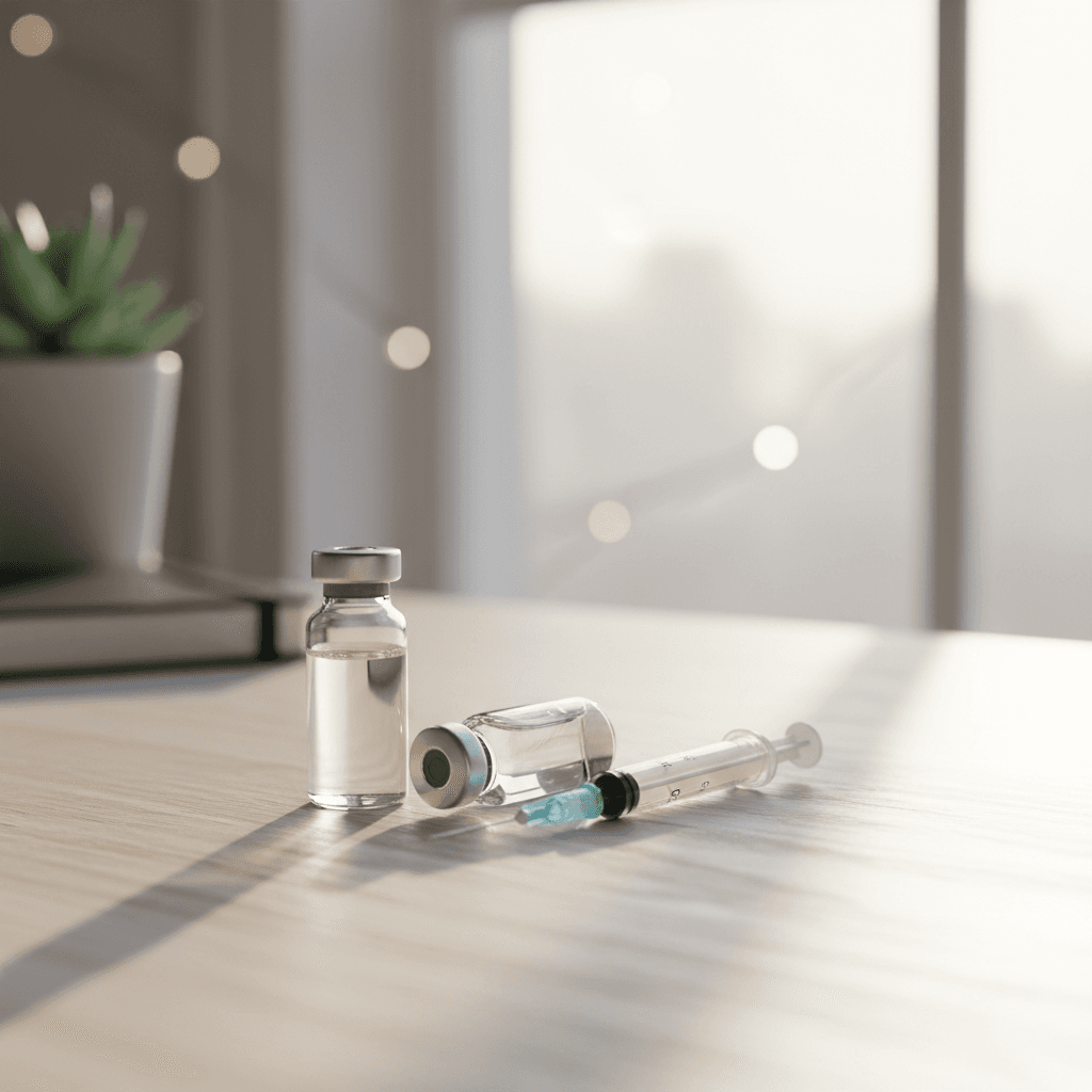 Two peptide vials and a syringe on a clean desk near a window