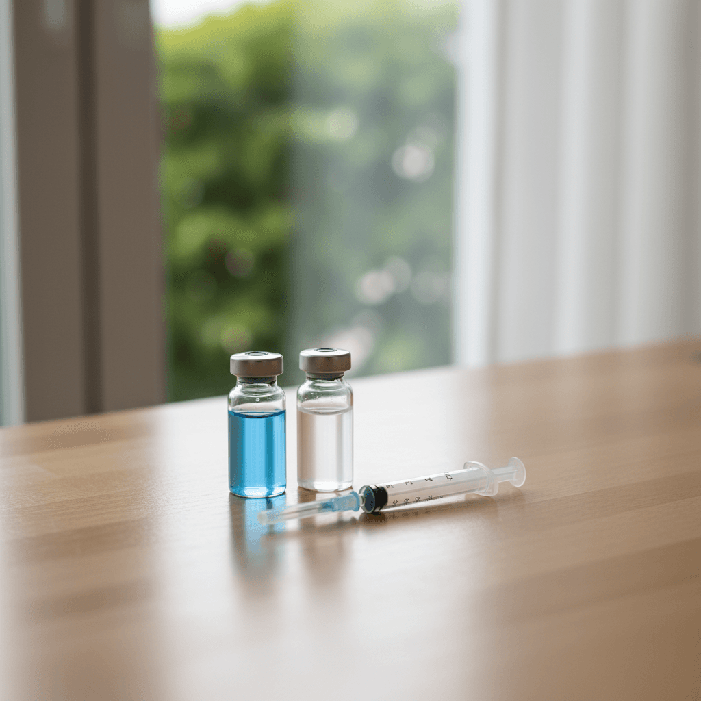Two peptide vials and a syringe on a clean desk near a window