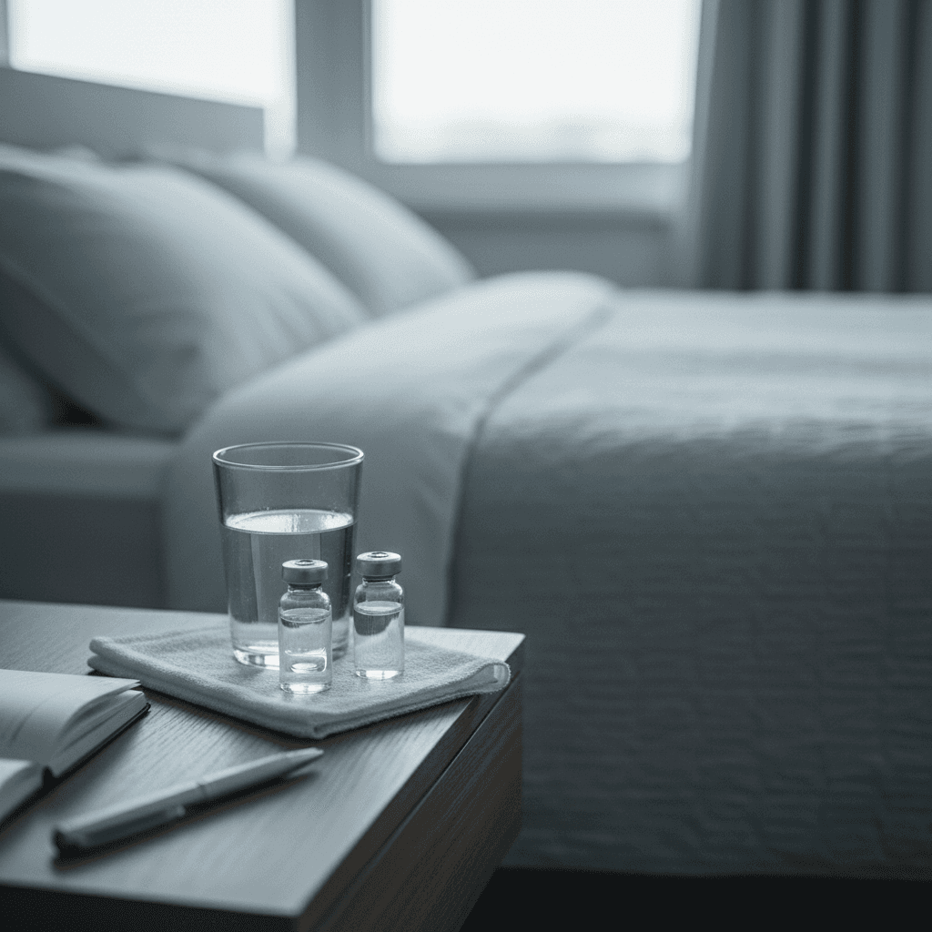 Peptide vials on a nightstand next to a glass of water before bedtime dosing