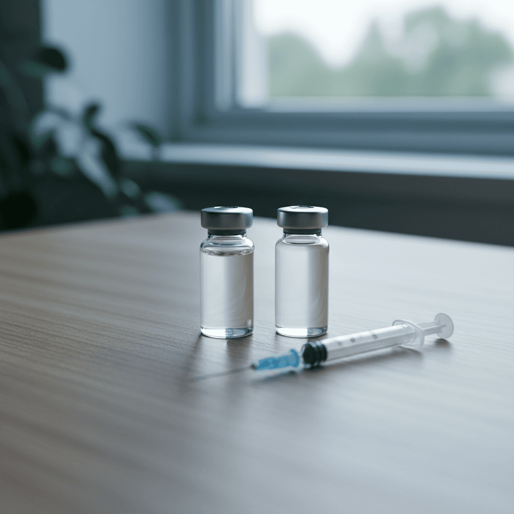 Two peptide vials and a syringe on a clean desk near a window