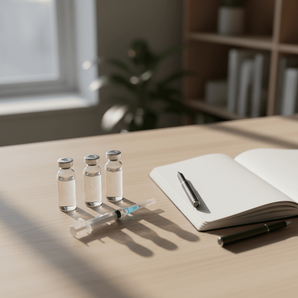Multiple peptide vials and a syringe arranged on a desk next to a notebook