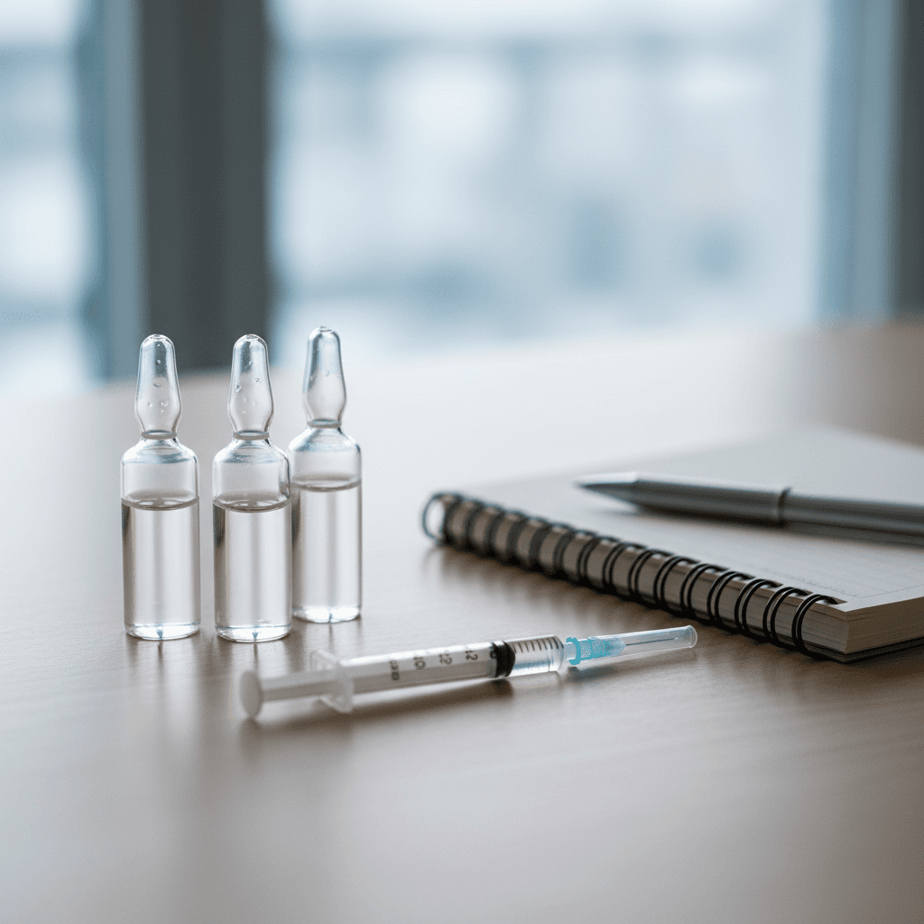 Multiple peptide vials and a syringe arranged on a desk next to a notebook