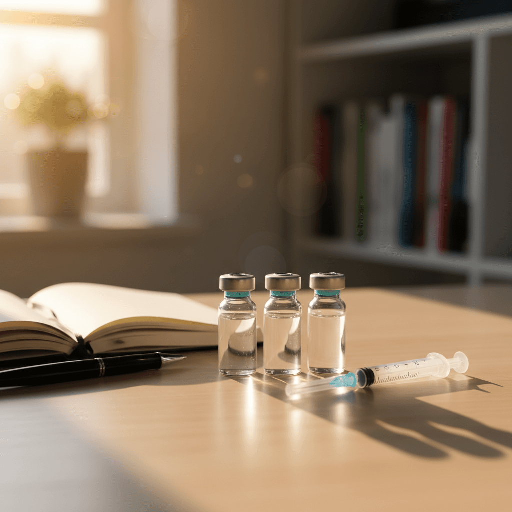 Multiple peptide vials and a syringe arranged on a desk next to a notebook