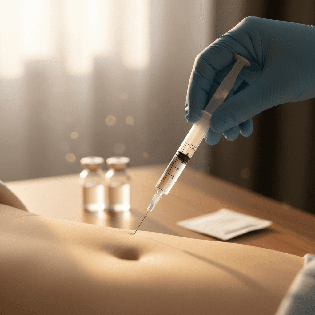 Gloved hand holding an insulin syringe near an injection site on the abdomen