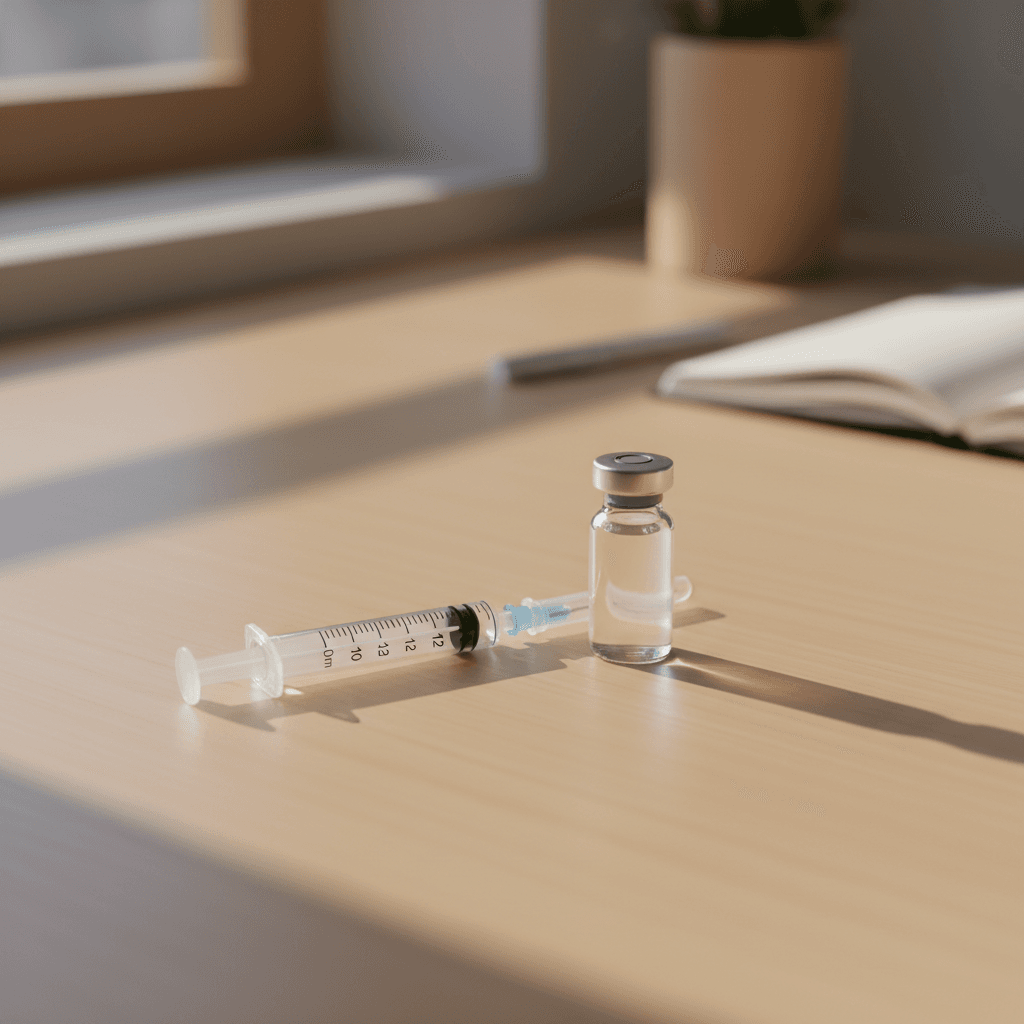 An insulin syringe next to a peptide vial showing measurement markings