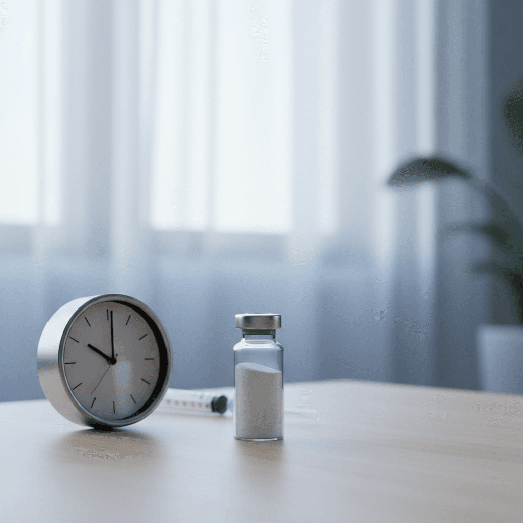 A peptide vial next to a clock on a desk, representing dosing timing