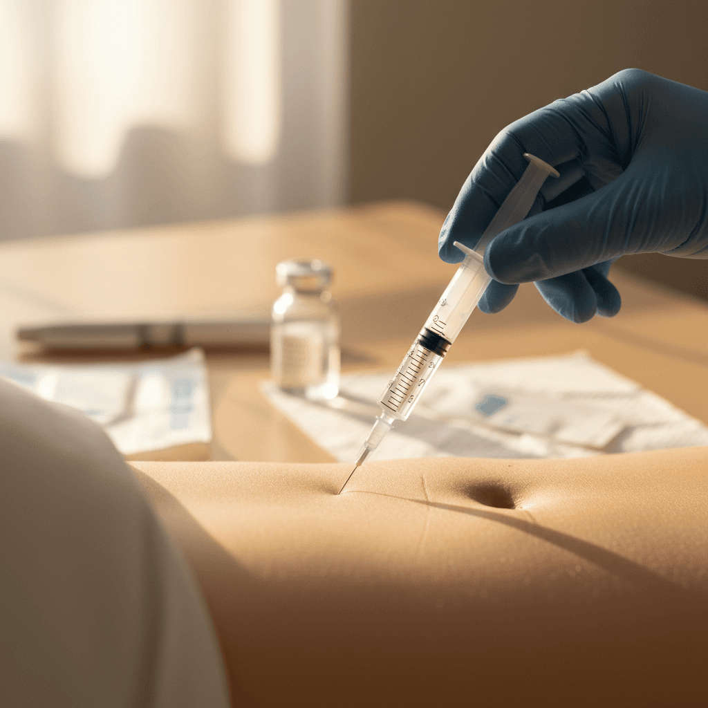 Gloved hand holding an insulin syringe near an injection site on the abdomen