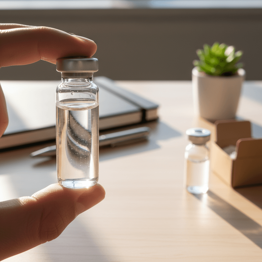 A peptide vial held up to natural light for clarity inspection