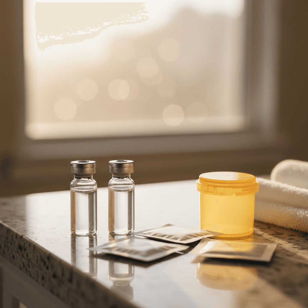Peptide vials next to alcohol swab packets and a sharps container
