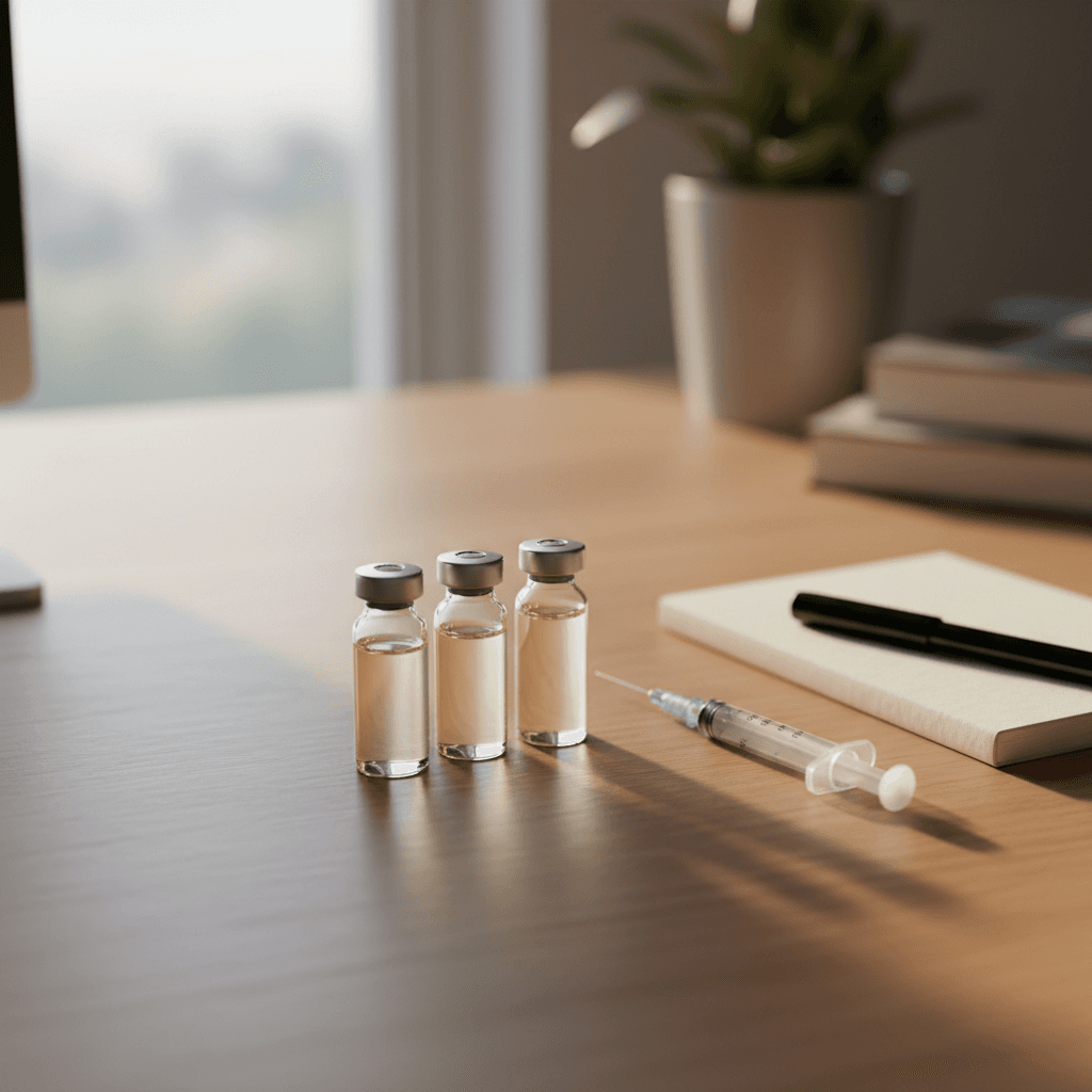 Multiple peptide vials and a syringe arranged on a desk next to a notebook