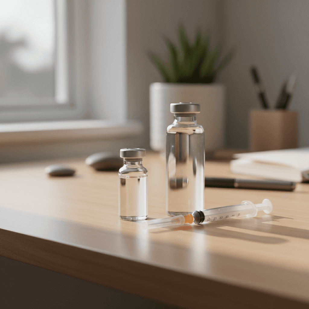 Peptide vials and an insulin syringe on a clean desk, ready for reconstitution