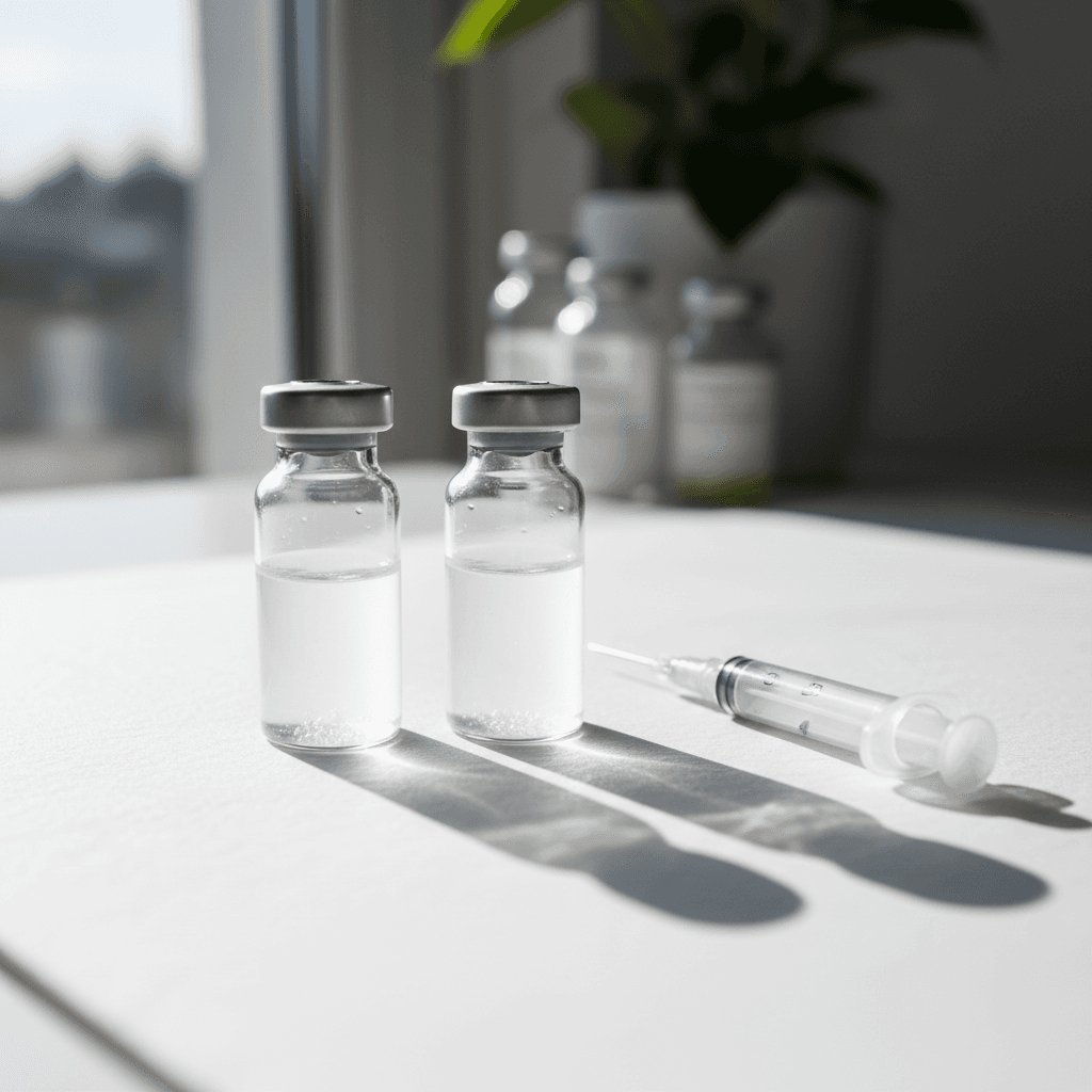 Two peptide vials side by side for comparison with a syringe