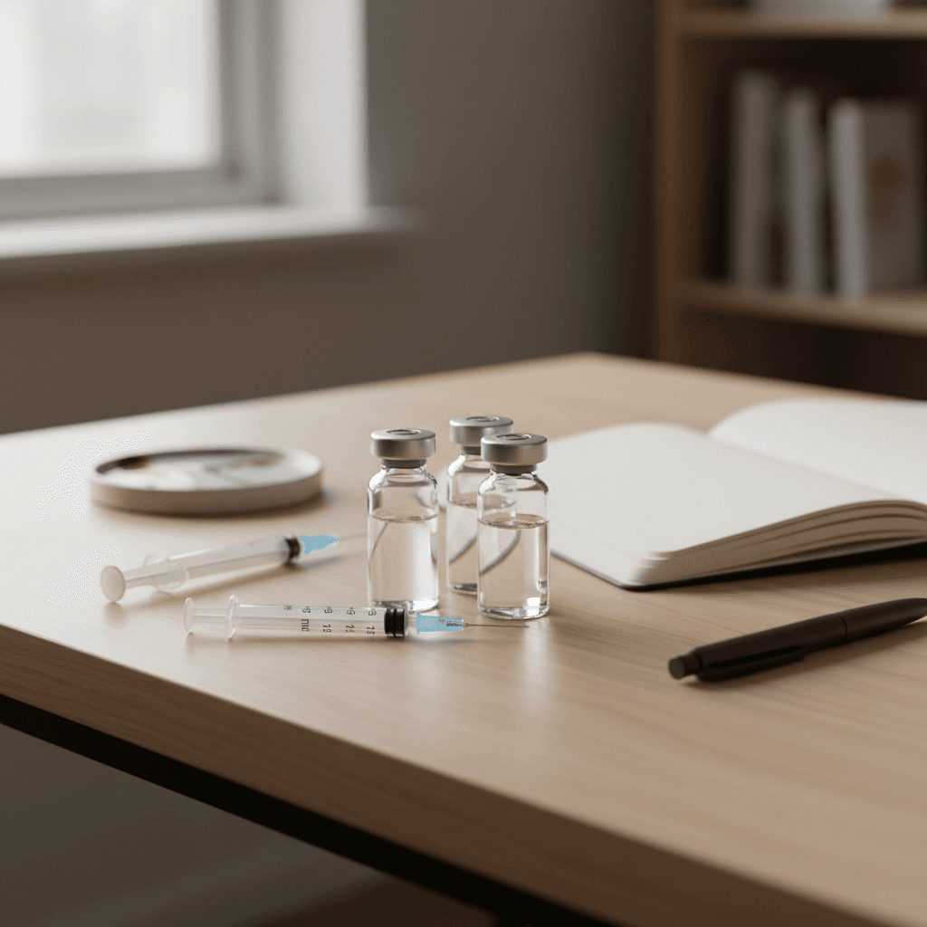 Multiple peptide vials and a syringe arranged on a desk next to a notebook
