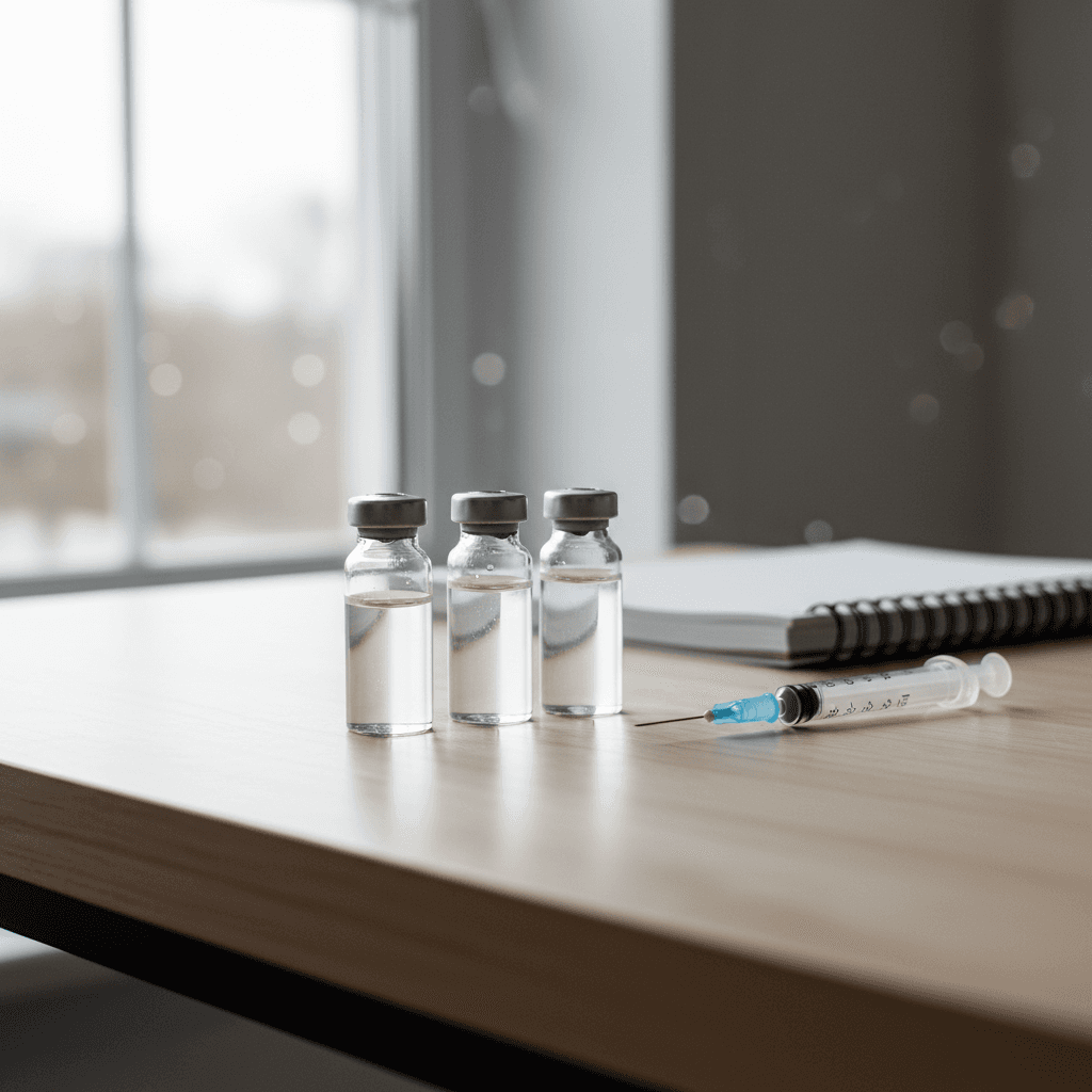Multiple peptide vials and a syringe arranged on a desk next to a notebook