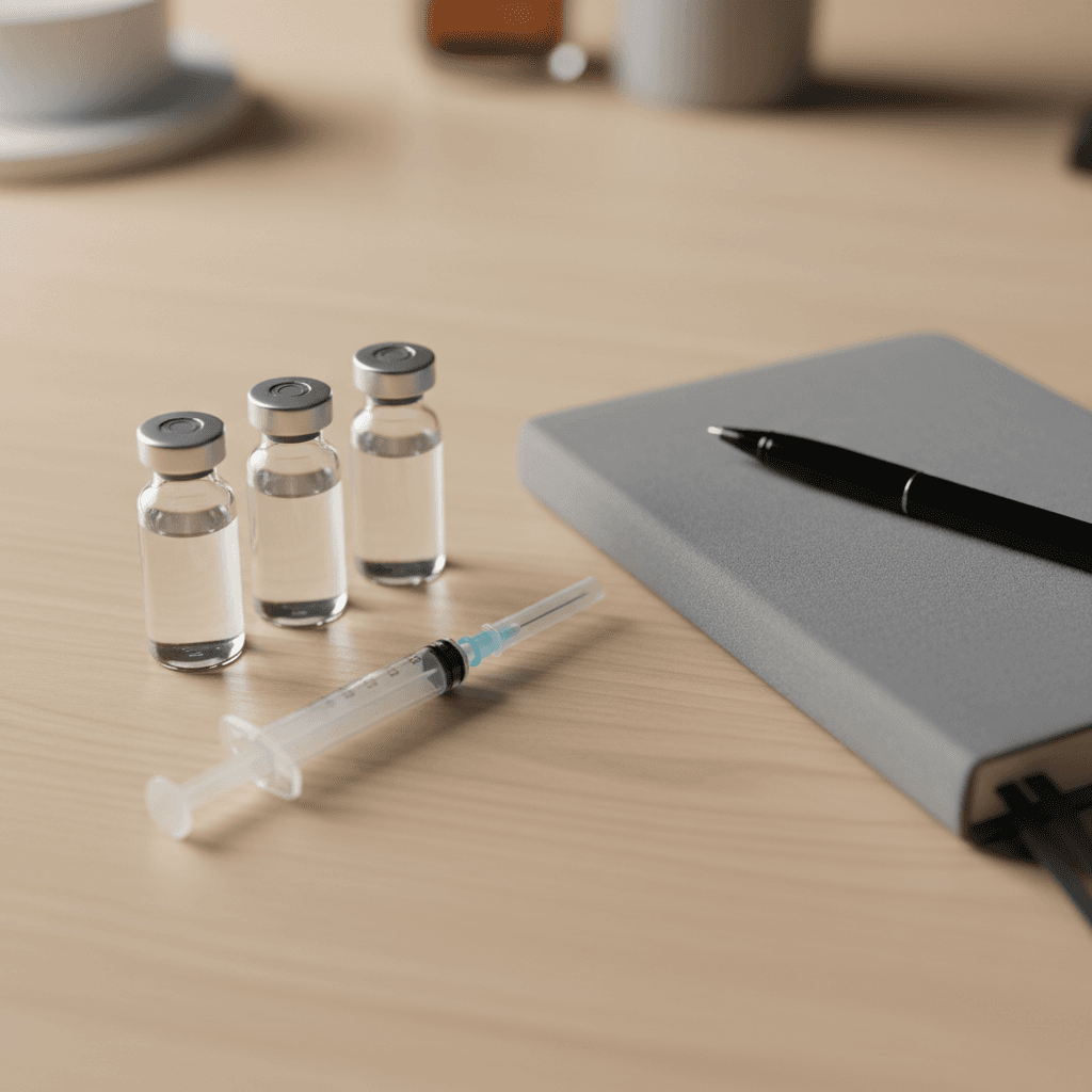 Multiple peptide vials and a syringe arranged on a desk next to a notebook