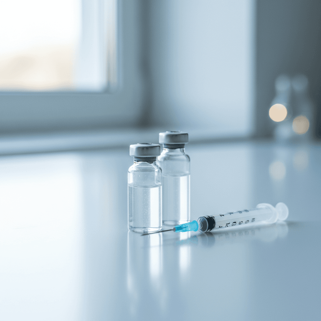 Multiple peptide vials and a syringe arranged on a desk next to a notebook